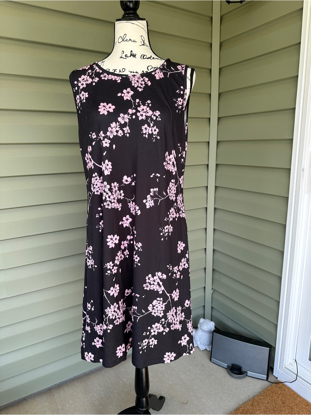 Emery Rose Sleeveless Black Floral A-Line Dress with Pink Blossoms size L